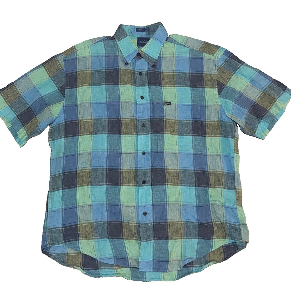 Faconnable Men's XL Plaid 100% Linen Short Sleeve Button Up Shirt